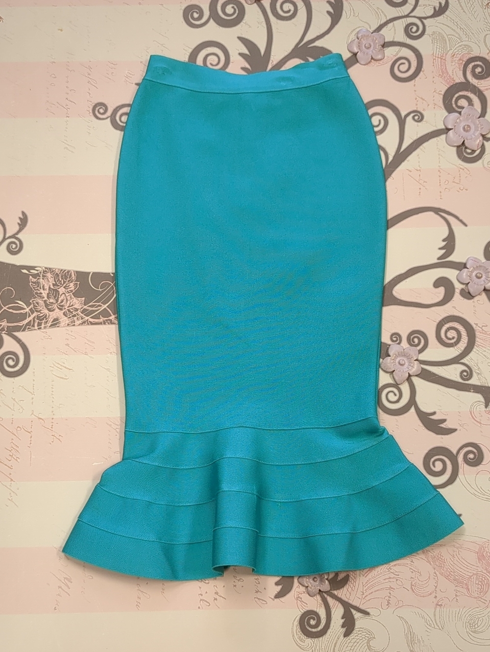 Turquoise Ruffle-Hem Pencil Skirt